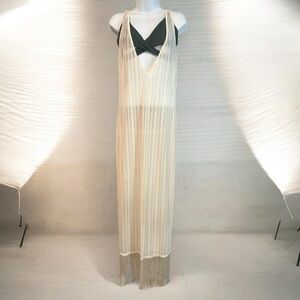 PrettyLittleThing Beige Long See-Thru Fringe Dress